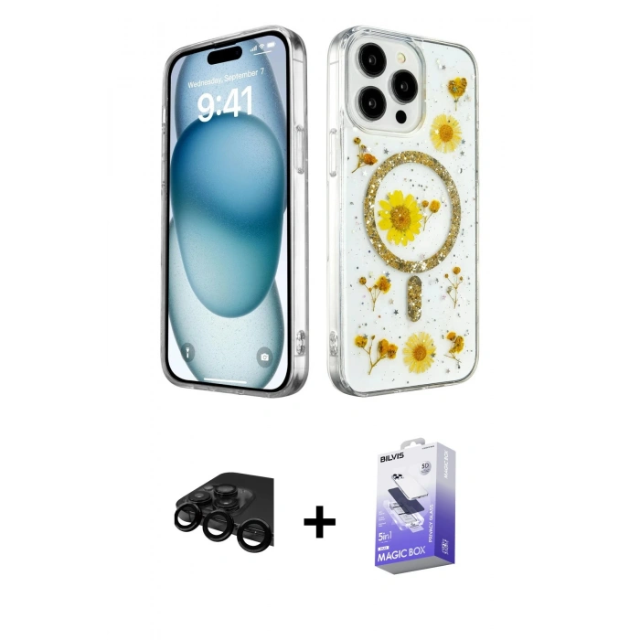 MARSİLYAN™- iPhone 15 Pro Kılıf Kozmos Doku - Siyah Bilvis 5in1 5D Magic Hayalet Cam Ekran Koruyucu + Siyah Raze Metal Kamera Lens