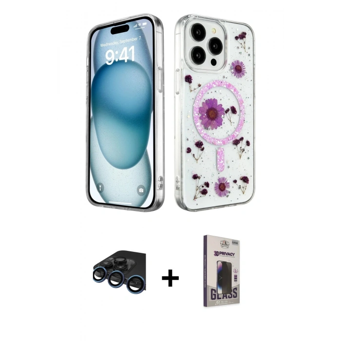 MARSİLYAN™- iPhone 15 Pro Kılıf Kozmos Doku - Siyah Bilvis Hayalet Cam Ekran Koruyucu + Raze Metal Kamera Lens - LT