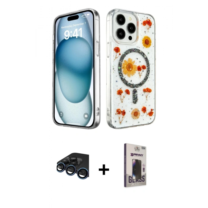MARSİLYAN™- iPhone 15 Pro Kılıf Kozmos Doku - Siyah Bilvis Hayalet Cam Ekran Koruyucu + Raze Metal Kamera Lens - LT
