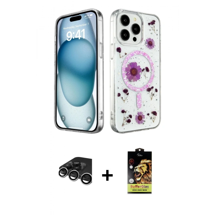 MARSİLYAN™- iPhone 15 Pro Kılıf Kozmos Doku - Siyah Buffer Cam Ekran Koruyucu + Raze Metal Kamera Lens - GS
