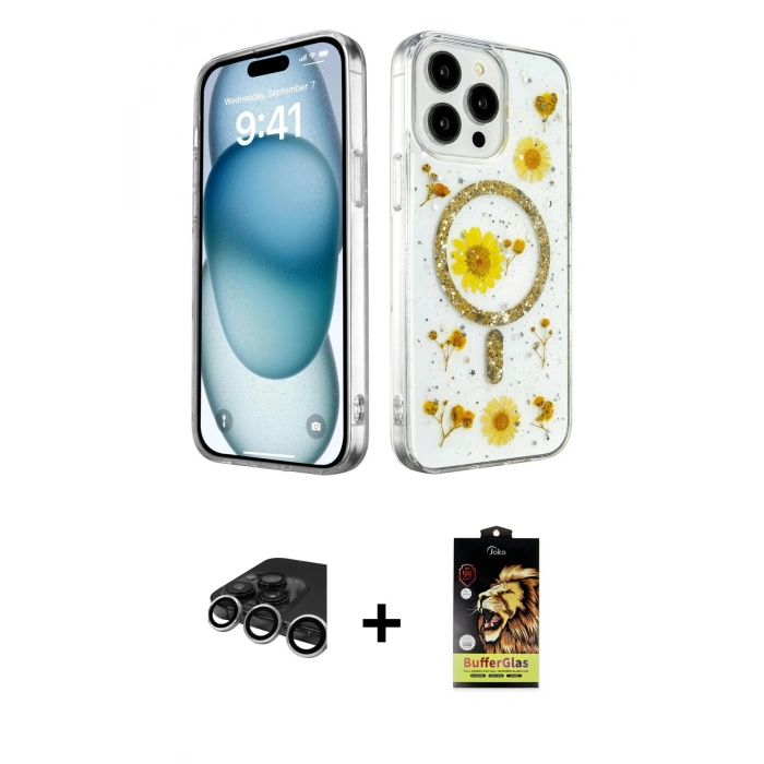 MARSİLYAN™- iPhone 15 Pro Kılıf Kozmos Doku - Siyah Buffer Cam Ekran Koruyucu + Raze Metal Kamera Lens - GS