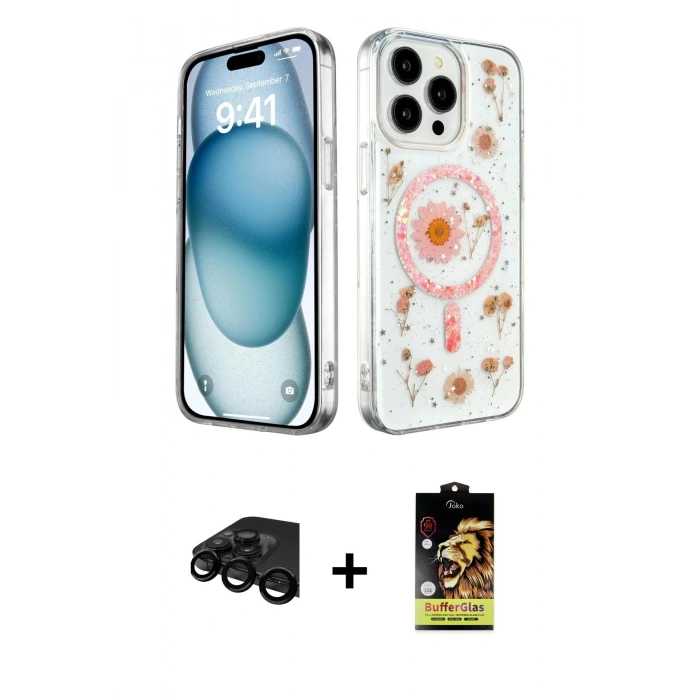 MARSİLYAN™- iPhone 15 Pro Kılıf Kozmos Doku - Siyah Buffer Cam Ekran Koruyucu + Siyah Raze Metal Kamera Lens