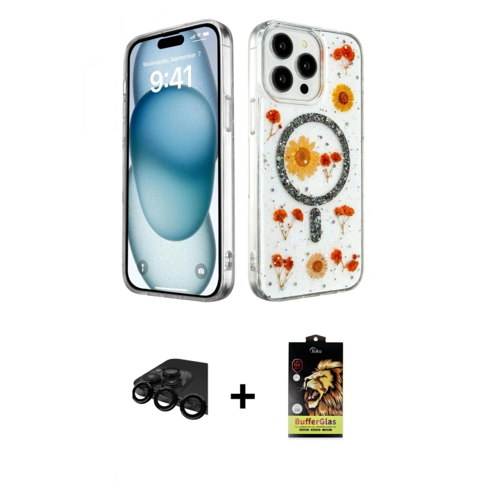 MARSİLYAN™- iPhone 15 Pro Kılıf Kozmos Doku - Siyah Buffer Cam Ekran Koruyucu + Siyah Raze Metal Kamera Lens