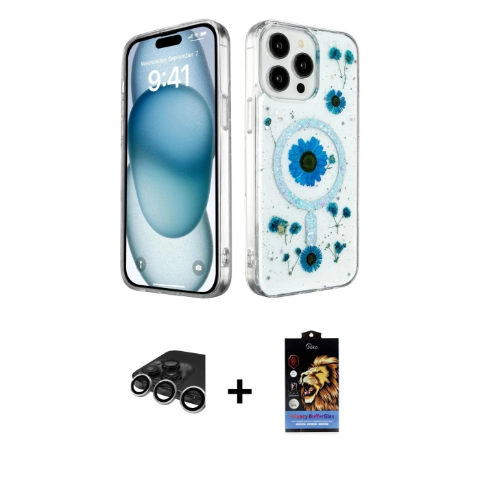 MARSİLYAN™- iPhone 15 Pro Kılıf Kozmos Doku - Siyah Buffer Hayalet Cam Ekran Koruyucu + Raze Metal Kamera Lens - GS