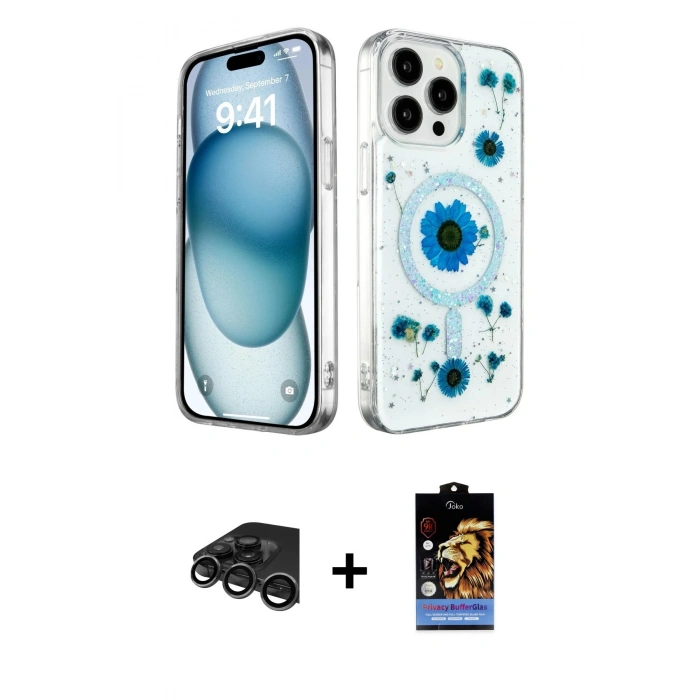 MARSİLYAN™- iPhone 15 Pro Kılıf Kozmos Doku - Siyah Buffer Hayalet Cam Ekran Koruyucu + Raze Metal Kamera Lens - TMGI