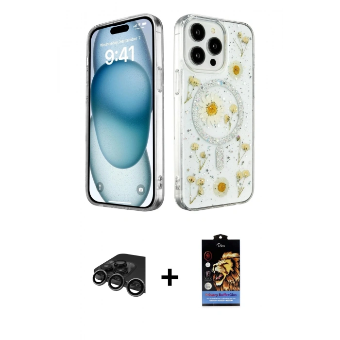 MARSİLYAN™- iPhone 15 Pro Kılıf Kozmos Doku - Siyah Buffer Hayalet Cam Ekran Koruyucu + Raze Metal Kamera Lens - TMGI