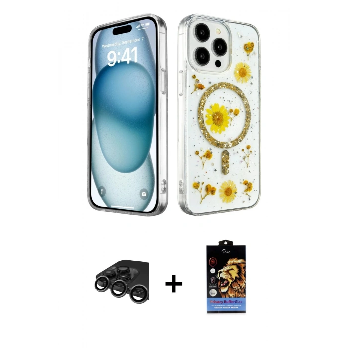MARSİLYAN™- iPhone 15 Pro Kılıf Kozmos Doku - Siyah Buffer Hayalet Cam Ekran Koruyucu + Raze Metal Kamera Lens - TMGI