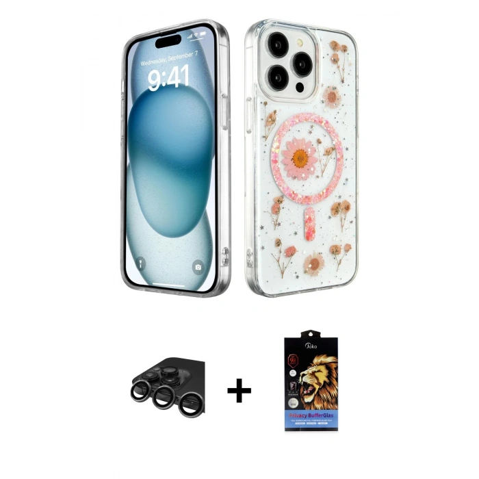 MARSİLYAN™- iPhone 15 Pro Kılıf Kozmos Doku - Siyah Buffer Hayalet Cam Ekran Koruyucu + Raze Metal Kamera Lens - TMGI