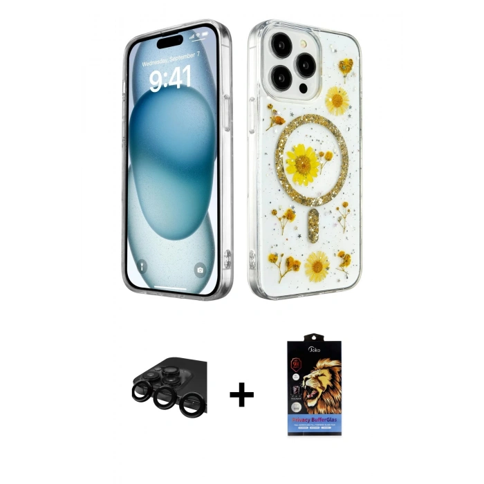 MARSİLYAN™- iPhone 15 Pro Kılıf Kozmos Doku - Siyah Buffer Hayalet Cam Ekran Koruyucu + Raze Metal Kamera Lens - SH