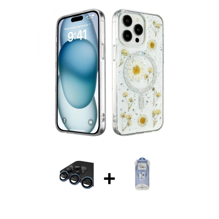 MARSİLYAN™- iPhone 15 Pro Kılıf Kozmos Doku - Siyah Joko Magic 5D Cam + Raze Metal Kamera Lens - LT