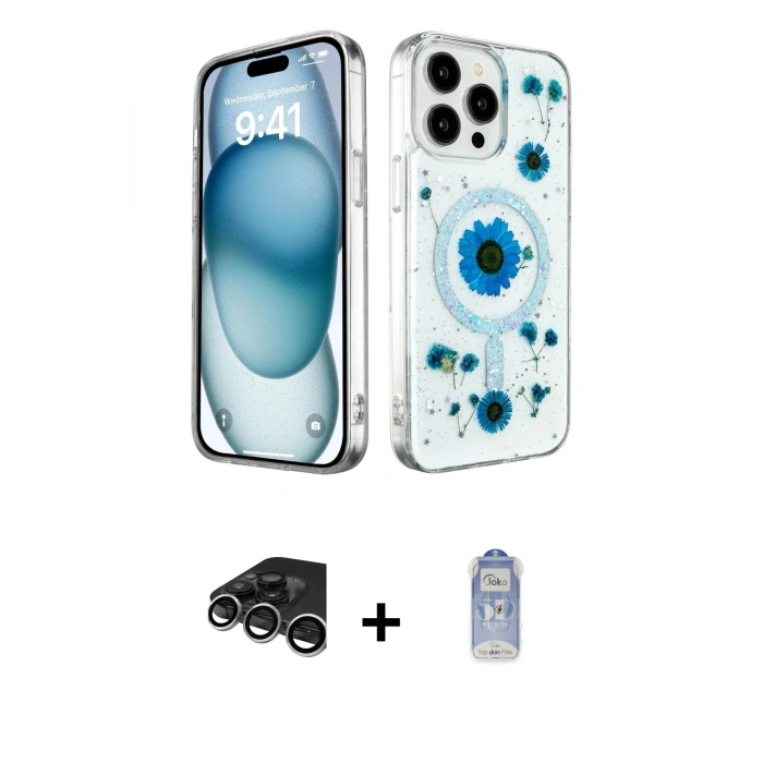 MARSİLYAN™- iPhone 15 Pro Kılıf Kozmos Doku - Siyah Joko Magic 5D Cam + Raze Metal Kamera Lens - GS