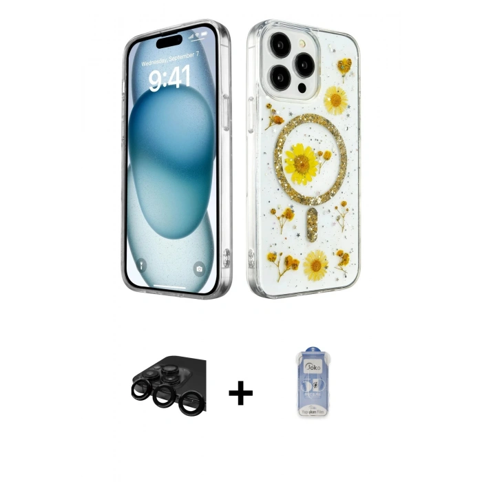 MARSİLYAN™- iPhone 15 Pro Kılıf Kozmos Doku - Siyah Joko Magic 5D Cam + Raze Metal Kamera Lens - SH