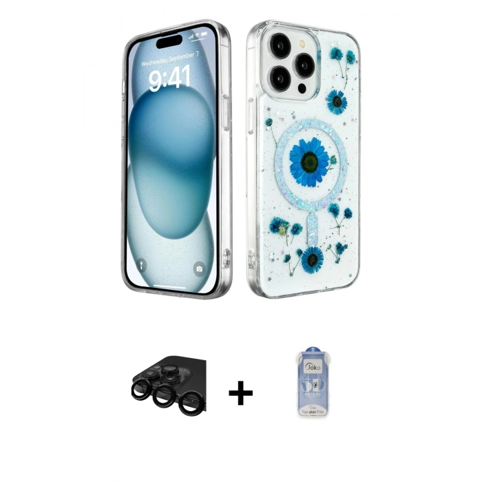 MARSİLYAN™- iPhone 15 Pro Kılıf Kozmos Doku - Siyah Joko Magic 5D Cam + Raze Metal Kamera Lens - SH