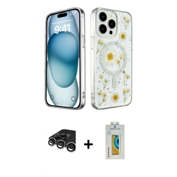MARSİLYAN™- iPhone 15 Pro Kılıf Kozmos Doku - Siyah Polymer Nano Ekran Koruyucu + Raze Metal Kamera Lens - GS