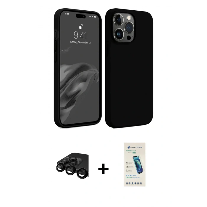 MARSİLYAN™- iPhone 15 Pro Kılıf Kozmos Yansıma Özel Seri - Şeffaf Pasifik Cam Ekran Koruyucu + Siyah Raze Metal Kamera Lens