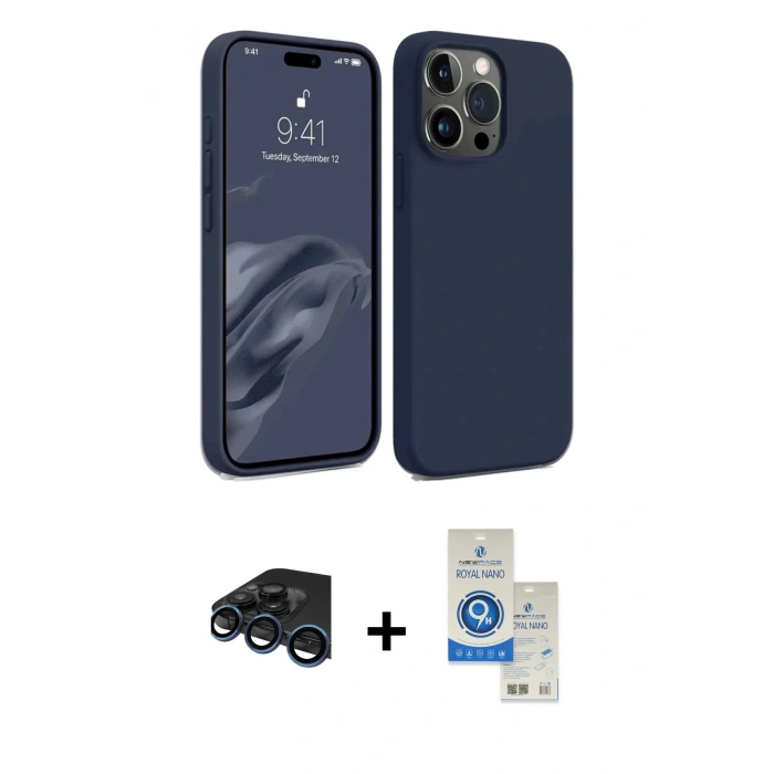MARSİLYAN™- iPhone 15 Pro Kılıf Kozmos Yansıma Özel Seri - Şeffaf Royal Nano Ekran Koruyucu + Lacivert Raze Metal Kamera Lens