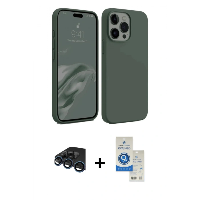MARSİLYAN™- iPhone 15 Pro Kılıf Kozmos Yansıma Özel Seri - Şeffaf Royal Nano Ekran Koruyucu + Lacivert Raze Metal Kamera Lens