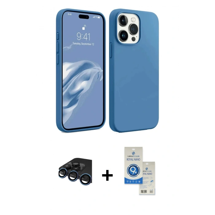 MARSİLYAN™- iPhone 15 Pro Kılıf Kozmos Yansıma Özel Seri - Şeffaf Royal Nano Ekran Koruyucu + Lacivert Raze Metal Kamera Lens