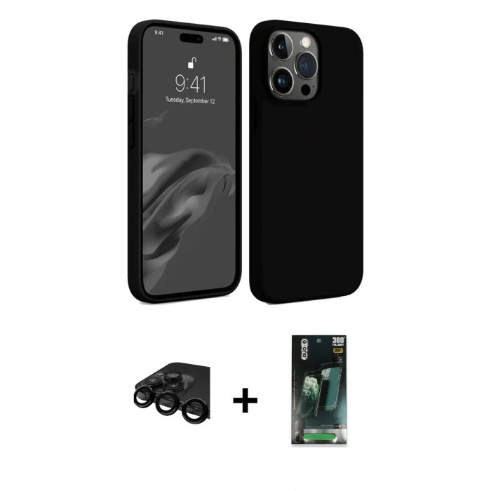 MARSİLYAN™- iPhone 15 Pro Kılıf Kozmos Yansıma Özel Seri - Siyah 360 Mat Full Body Arka Koruyucu + Raze Metal Kamera Lens - SH