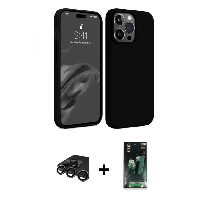 MARSİLYAN™- iPhone 15 Pro Kılıf Kozmos Yansıma Özel Seri - Siyah 360 Mat Full Body Arka Koruyucu + Raze Metal Kamera Lens - TMGI