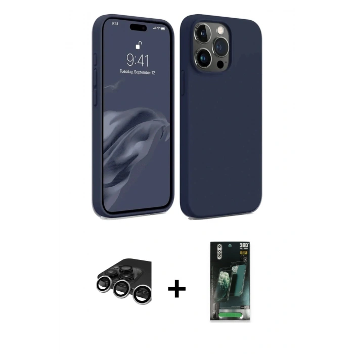 MARSİLYAN™- iPhone 15 Pro Kılıf Kozmos Yansıma Özel Seri - Siyah 360 Mat Full Body Arka Koruyucu + Raze Metal Kamera Lens - GS