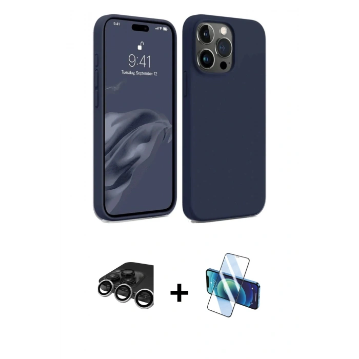 MARSİLYAN™- iPhone 15 Pro Kılıf Kozmos Yansıma Özel Seri - Siyah 3D Antistatik Cam Ekran Koruyucu + Raze Metal Kamera Lens - GS