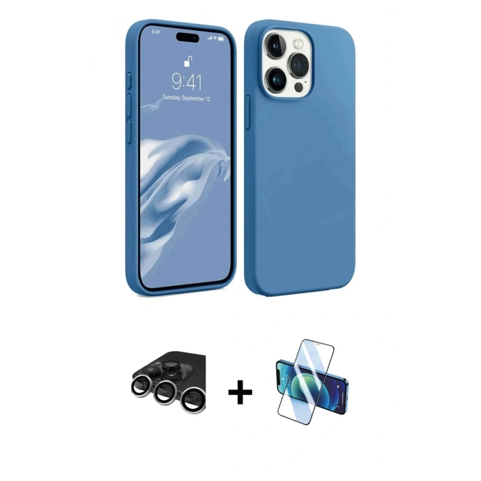 MARSİLYAN™- iPhone 15 Pro Kılıf Kozmos Yansıma Özel Seri - Siyah 3D Antistatik Cam Ekran Koruyucu + Raze Metal Kamera Lens - GS