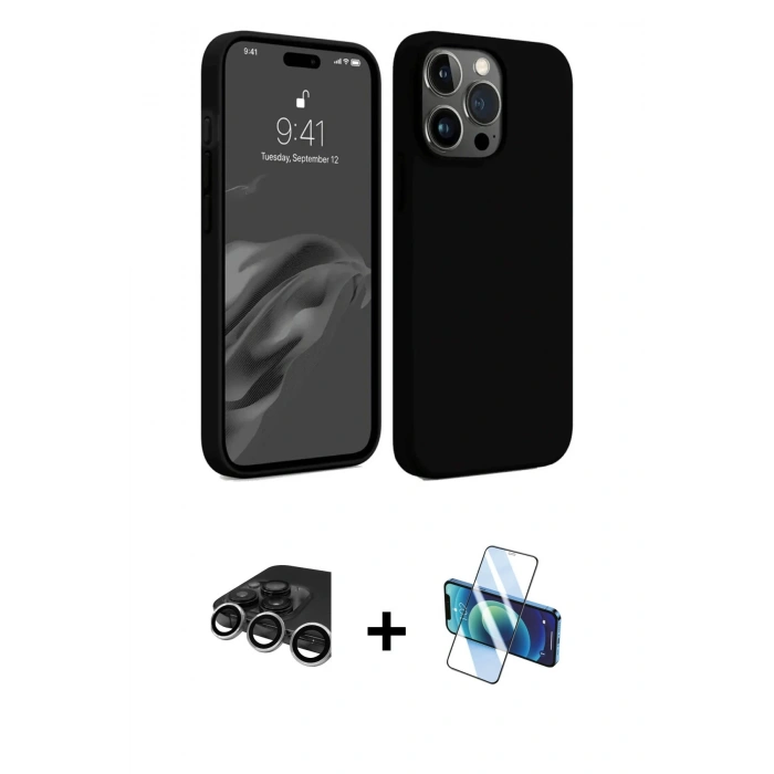 MARSİLYAN™- iPhone 15 Pro Kılıf Kozmos Yansıma Özel Seri - Siyah 3D Antistatik Cam Ekran Koruyucu + Raze Metal Kamera Lens - GS