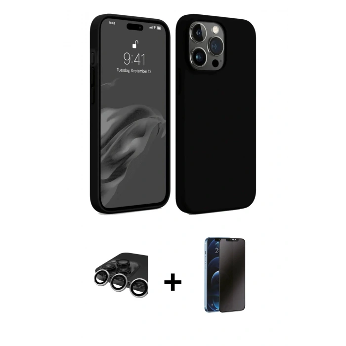 MARSİLYAN™- iPhone 15 Pro Kılıf Kozmos Yansıma Özel Seri - Siyah 3D Antistatik Hayalet Cam Ekran Koruyucu + Raze Metal Kamera Lens - GS