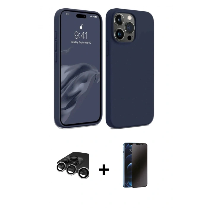 MARSİLYAN™- iPhone 15 Pro Kılıf Kozmos Yansıma Özel Seri - Siyah 3D Antistatik Hayalet Cam Ekran Koruyucu + Raze Metal Kamera Lens - GS
