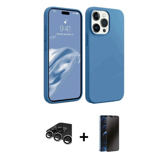 MARSİLYAN™- iPhone 15 Pro Kılıf Kozmos Yansıma Özel Seri - Siyah 3D Antistatik Hayalet Cam Ekran Koruyucu + Raze Metal Kamera Lens - GS