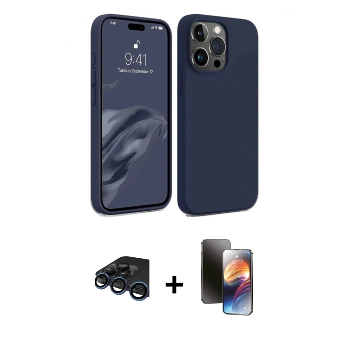 MARSİLYAN™- iPhone 15 Pro Kılıf Kozmos Yansıma Özel Seri - Siyah 3D Antistatik Mat Seramik Nano Ekran Koruyucu + Lacivert Raze Metal Kamera Lens