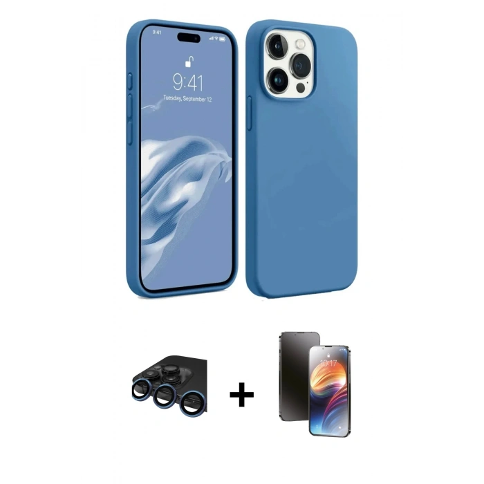 MARSİLYAN™- iPhone 15 Pro Kılıf Kozmos Yansıma Özel Seri - Siyah 3D Antistatik Mat Seramik Nano Ekran Koruyucu + Lacivert Raze Metal Kamera Lens