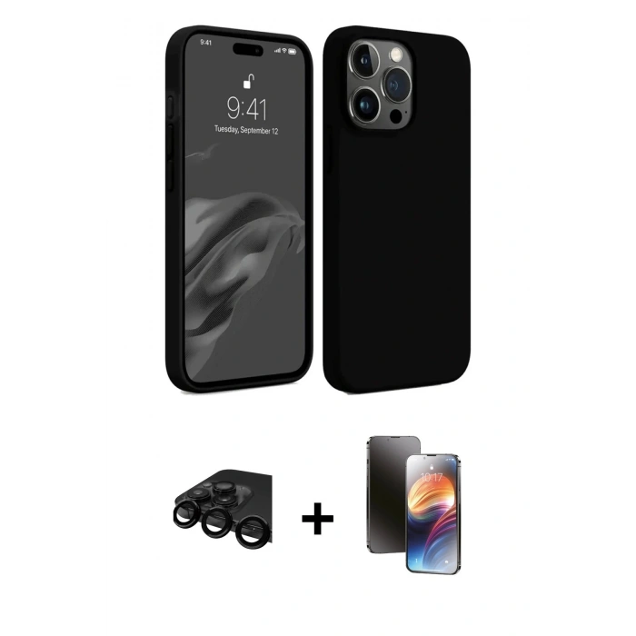 MARSİLYAN™- iPhone 15 Pro Kılıf Kozmos Yansıma Özel Seri - Siyah 3D Antistatik Mat Seramik Nano Ekran Koruyucu + Raze Metal Kamera Lens - SH