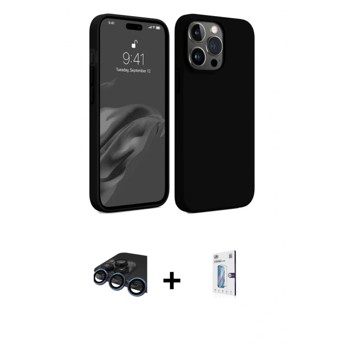MARSİLYAN™- iPhone 15 Pro Kılıf Kozmos Yansıma Özel Seri - Siyah Bilvis 0.18mm Plus Cam Ekran Koruyucu + Raze Metal Kamera Lens - LT