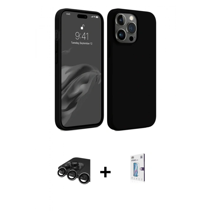 MARSİLYAN™- iPhone 15 Pro Kılıf Kozmos Yansıma Özel Seri - Siyah Bilvis 0.18mm Plus Cam Ekran Koruyucu + Raze Metal Kamera Lens - TMGI