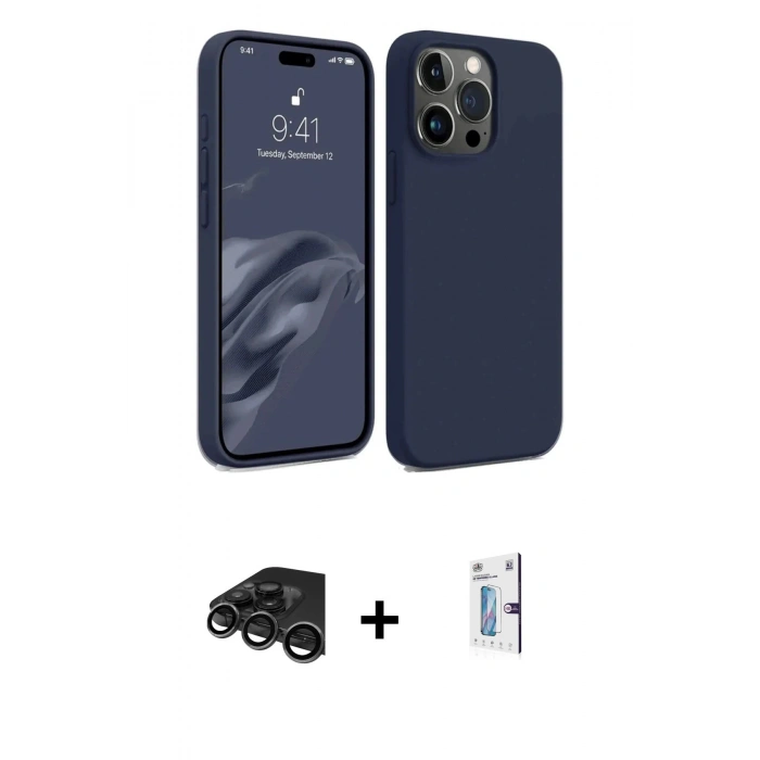 MARSİLYAN™- iPhone 15 Pro Kılıf Kozmos Yansıma Özel Seri - Siyah Bilvis 0.18mm Plus Cam Ekran Koruyucu + Raze Metal Kamera Lens - TMGI