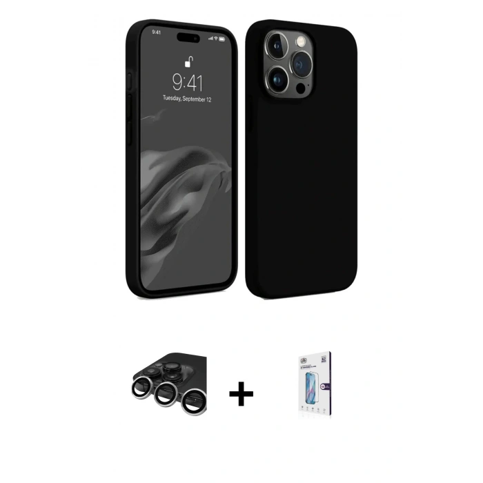MARSİLYAN™- iPhone 15 Pro Kılıf Kozmos Yansıma Özel Seri - Siyah Bilvis 0.18mm Plus Cam Ekran Koruyucu + Raze Metal Kamera Lens - GS