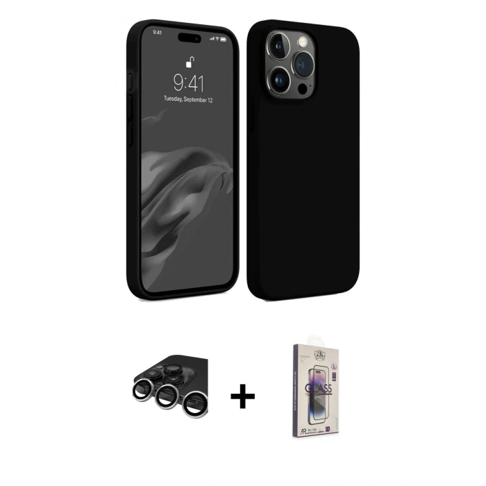 MARSİLYAN™- iPhone 15 Pro Kılıf Kozmos Yansıma Özel Seri - Siyah Bilvis 3D Cam Ekran Koruyucu + Raze Metal Kamera Lens - GS