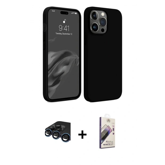 MARSİLYAN™- iPhone 15 Pro Kılıf Kozmos Yansıma Özel Seri - Siyah Bilvis 3D Mat Cam Ekran Koruyucu + Raze Metal Kamera Lens - LT