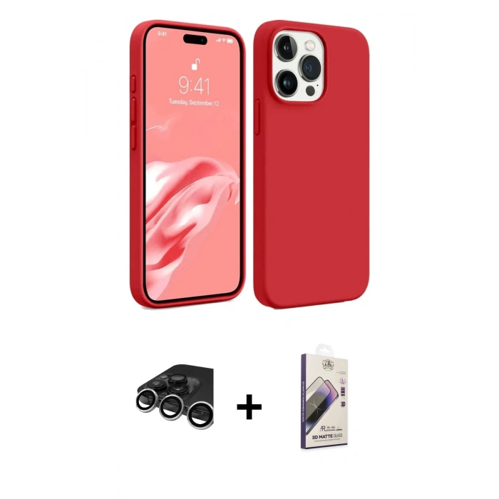 MARSİLYAN™- iPhone 15 Pro Kılıf Kozmos Yansıma Özel Seri - Siyah Bilvis 3D Mat Cam Ekran Koruyucu + Raze Metal Kamera Lens - GS