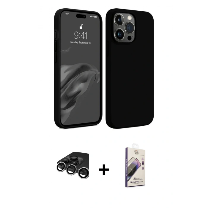 MARSİLYAN™- iPhone 15 Pro Kılıf Kozmos Yansıma Özel Seri - Siyah Bilvis 3D Mat Cam Ekran Koruyucu + Raze Metal Kamera Lens - GS
