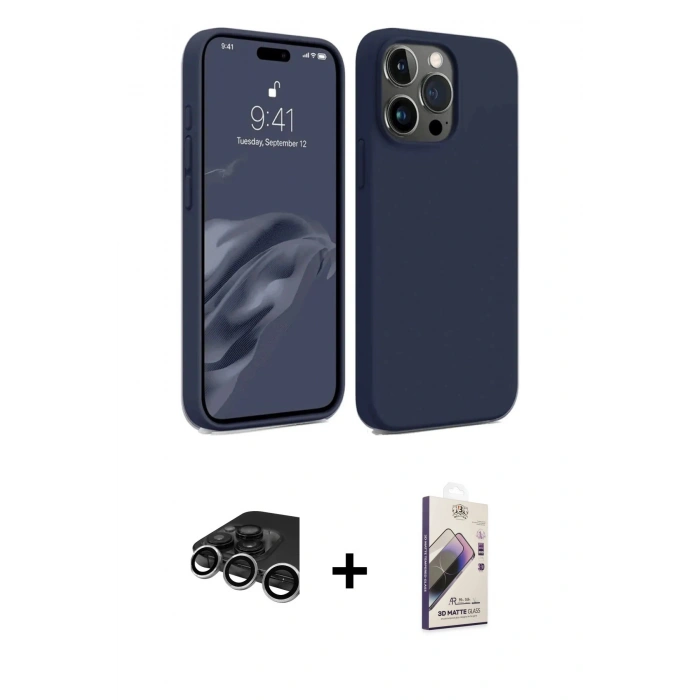 MARSİLYAN™- iPhone 15 Pro Kılıf Kozmos Yansıma Özel Seri - Siyah Bilvis 3D Mat Cam Ekran Koruyucu + Raze Metal Kamera Lens - GS