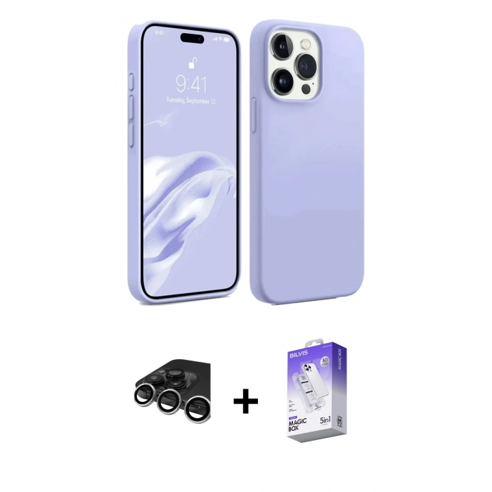 MARSİLYAN™- iPhone 15 Pro Kılıf Kozmos Yansıma Özel Seri - Siyah Bilvis 5in1 3D Magic Cam Ekran Koruyucu + Raze Metal Kamera Lens - GS