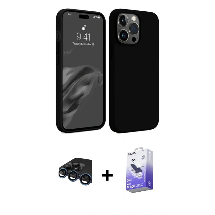 MARSİLYAN™- iPhone 15 Pro Kılıf Kozmos Yansıma Özel Seri - Siyah Bilvis 5in1 5D Magic Hayalet Cam Ekran Koruyucu + Lacivert Raze Metal Kamera Lens