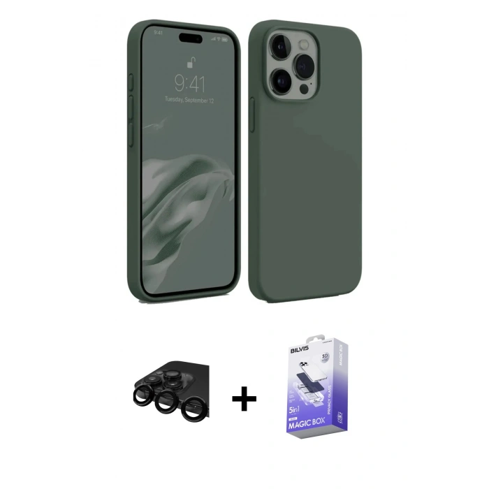 MARSİLYAN™- iPhone 15 Pro Kılıf Kozmos Yansıma Özel Seri - Siyah Bilvis 5in1 5D Magic Hayalet Cam Ekran Koruyucu + Raze Metal Kamera Lens - SH