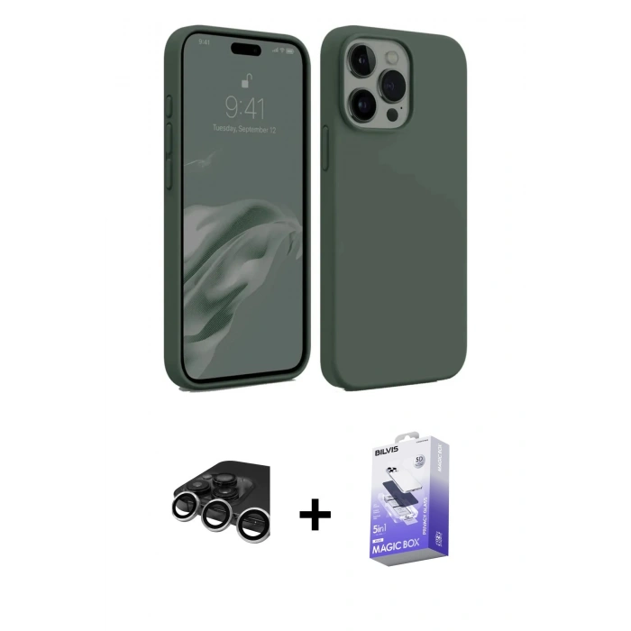 MARSİLYAN™- iPhone 15 Pro Kılıf Kozmos Yansıma Özel Seri - Siyah Bilvis 5in1 5D Magic Hayalet Cam Ekran Koruyucu + Raze Metal Kamera Lens - GS