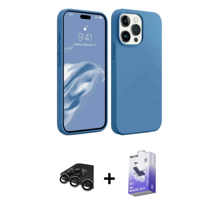 MARSİLYAN™- iPhone 15 Pro Kılıf Kozmos Yansıma Özel Seri - Siyah Bilvis 5in1 5D Magic Hayalet Cam Ekran Koruyucu + Raze Metal Kamera Lens - TMGI