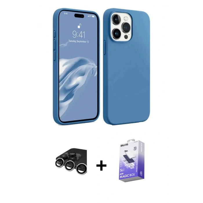 MARSİLYAN™- iPhone 15 Pro Kılıf Kozmos Yansıma Özel Seri - Siyah Bilvis 5in1 5D Magic Hayalet Cam Ekran Koruyucu + Raze Metal Kamera Lens - GS