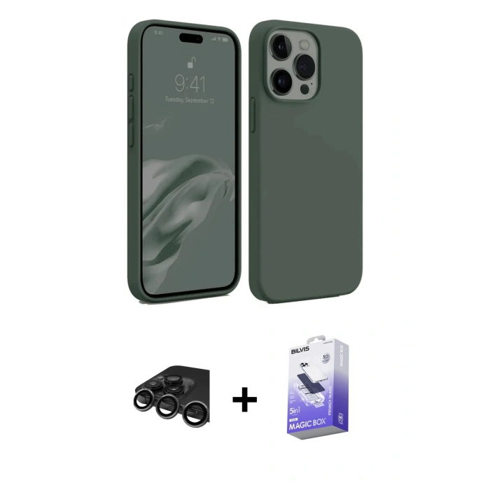 MARSİLYAN™- iPhone 15 Pro Kılıf Kozmos Yansıma Özel Seri - Siyah Bilvis 5in1 5D Magic Hayalet Cam Ekran Koruyucu + Raze Metal Kamera Lens - TMGI